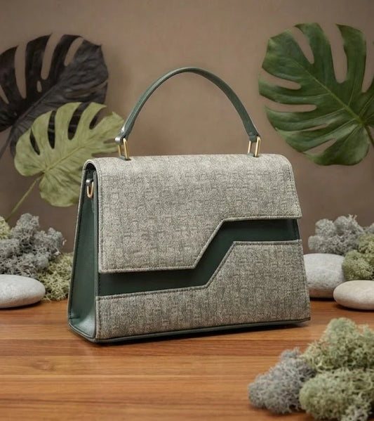 Elegant Textured Flap Handbag for Women (Green & Beige Tone)
