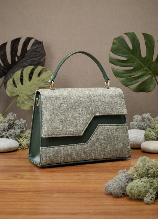 Elegant Textured Flap Handbag for Women (Green & Beige Tone)