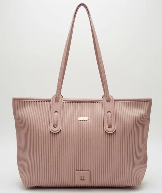 Blush Pink Ribbed Tote Handbag with Long Shoulder Straps