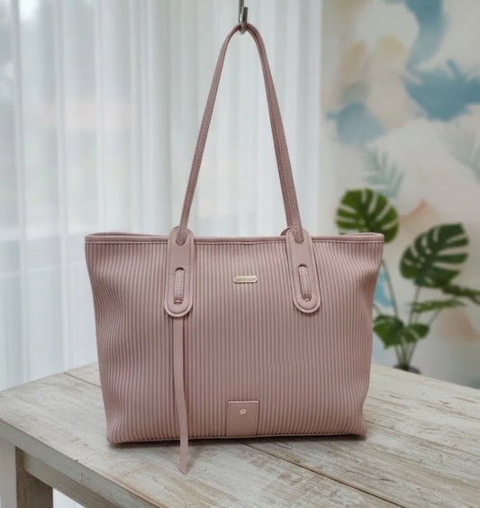 Blush Pink Ribbed Tote Handbag with Long Shoulder Straps