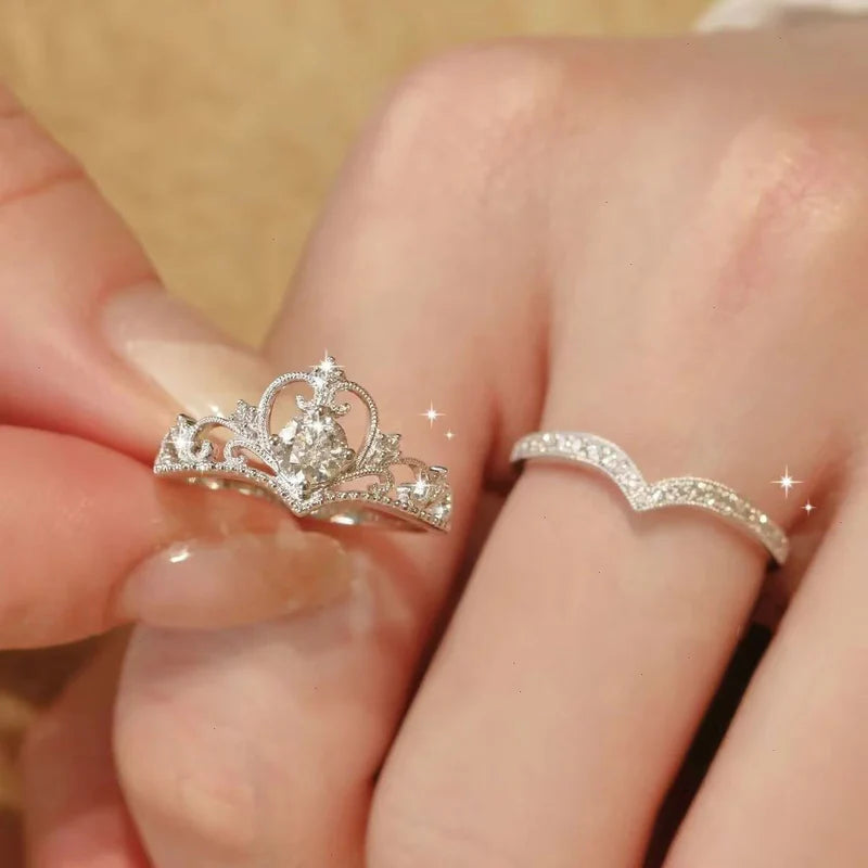 2pc Light Luxury Crown Ring For Women, 2-in-1 Detachable Niche Design Ins Trendy Stackable Diamond Ring, Gift For Girlfriend