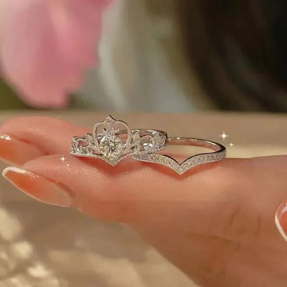 2pc Light Luxury Crown Ring For Women, 2-in-1 Detachable Niche Design Ins Trendy Stackable Diamond Ring, Gift For Girlfriend