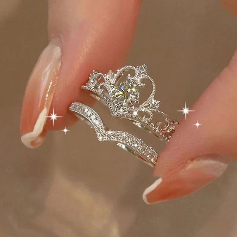 2pc Light Luxury Crown Ring For Women, 2-in-1 Detachable Niche Design Ins Trendy Stackable Diamond Ring, Gift For Girlfriend