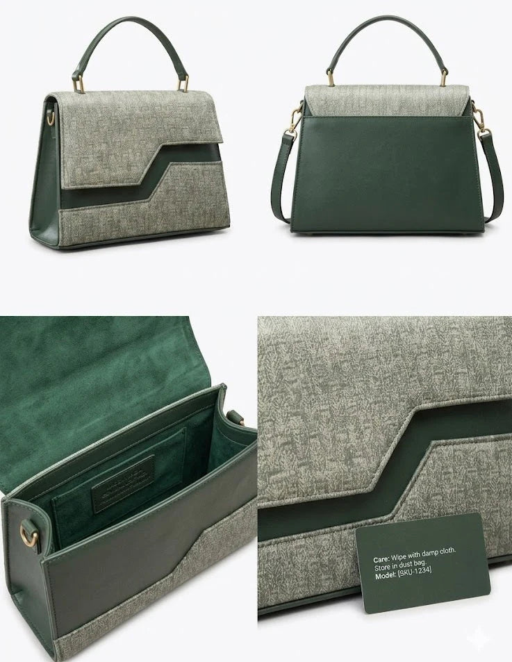 Elegant Textured Flap Handbag for Women (Green & Beige Tone)