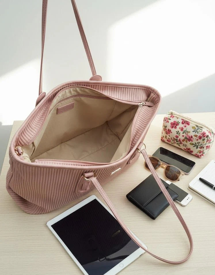 Blush Pink Ribbed Tote Handbag with Long Shoulder Straps